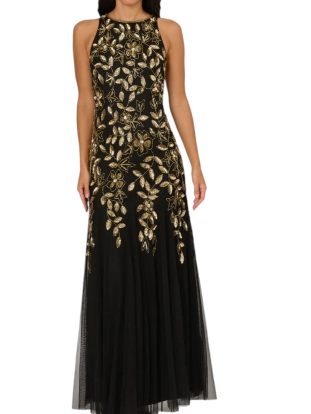 Adrianna Papell Black/Gold Embellished Gown.... Size 10